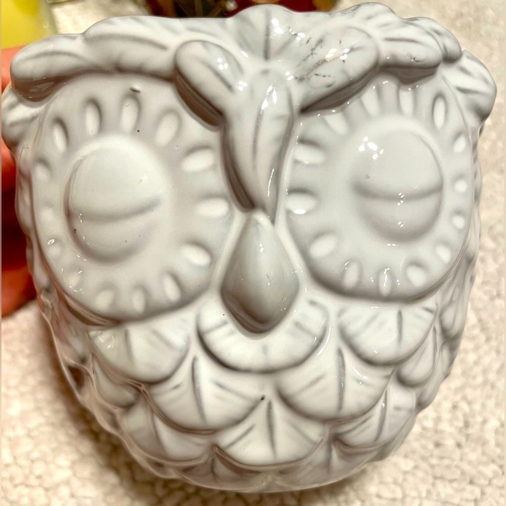 🦉PORCELAIN OWL White & Grey Sleeping Single Wick Holder Bath & Body RARE